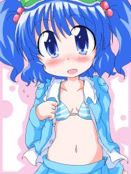 Rule 34 | blue eyes, blue hair, blush, bra, embarrassed, geetsu, kawashiro nitori, open clothes, touhou, twintails, underwear
