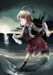Rule 34 | 1girl, ahoge, boots, bow, bowtie, cross-laced footwear, dress, full body, grey pantyhose, kantai collection, kurona, lace-up boots, long hair, long sleeves, looking at viewer, makigumo (kancolle), ocean, open mouth, pantyhose, pink hair, school uniform, shirt, shoes, solo, white pantyhose, white shirt, yellow eyes