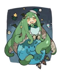 Rule 34 | cthulhu, cthulhu-tan, cthulhu mythos, earth (planet), fangs, green hair, hat, lofter, open mouth, planet, santa hat, smile, solo, starshadowmagician, tentacle hair, yellow eyes