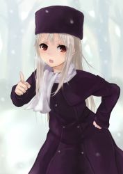 Rule 34 | 1girl, aged down, bad id, bad pixiv id, child, fate/stay night, fate/zero, fate (series), fujiya mahiro, hand on own hip, hat, highres, hip focus, illyasviel von einzbern, index finger raised, long hair, open mouth, purple hat, red eyes, scarf, silver hair, snow, solo, white scarf, winter clothes
