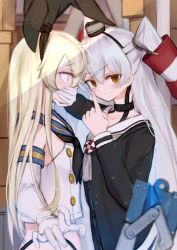 Rule 34 | 2girls, amatsukaze (kancolle), black dress, black hairband, black neckerchief, black panties, blonde hair, blue sailor collar, commentary request, covering own mouth, cowboy shot, crop top, dress, elbow gloves, gloves, grey eyes, grey neckerchief, hair tubes, hairband, hat, highleg, highleg panties, highres, kamome donburi, kantai collection, lifebuoy, long hair, looking at viewer, mini hat, multiple girls, neckerchief, panties, sailor collar, sailor dress, shimakaze (kancolle), short dress, smokestack hair ornament, swim ring, two side up, underwear, white gloves, white hair, white sailor collar