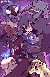 Rule 34 | 1girl, @ @, ahoge, animal ears, artist name, banette, black eyes, blush stickers, colored sclera, creatures (company), crystal, dress, drifloon, fangs, female focus, fire, floating, game freak, gastly, gem, gen 1 pokemon, gen 3 pokemon, gen 4 pokemon, gen 5 pokemon, gen 7 pokemon, hairband, hands up, hex maniac (pokemon), highres, litwick, long hair, long sleeves, looking down, looking to the side, matching hair/eyes, mimikyu, mismagius, nail polish, nintendo, npc trainer, one eye closed, open mouth, pokemon, pokemon (creature), pokemon xy, purple background, purple eyes, purple hair, purple hairband, red eyes, red sclera, sableye, sharp teeth, signature, simple background, spyhedg, standing, sweat, tail, teeth, text focus, turtleneck, turtleneck dress, wavy mouth, yellow eyes, yellow sclera