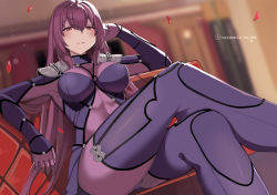 Rule 34 | 1girl, arm rest, armor, armpits, blurry, blush, bodysuit, bokeh, breasts, breasts apart, clenched hand, commentary request, couch, covered navel, crossed legs, depth of field, dutch angle, falling petals, fate/grand order, fate (series), foreshortening, from below, gloves, hair between eyes, hair intakes, half-closed eyes, hand on own head, indoors, large breasts, long hair, looking at viewer, nuko (mikupantu), on couch, parted lips, pauldrons, petals, purple bodysuit, purple hair, red eyes, scathach (fate), shoulder armor, sidelocks, sitting, skin tight, solo, straight hair, turtleneck, twitter username, very long hair