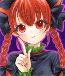 Rule 34 | 1girl, animal ears, black bow, bow, braid, cat ears, extra ears, fingernails, hair bow, hair ribbon, hand up, highres, index finger raised, kaenbyou rin, looking at viewer, outer glow, portrait, red eyes, red hair, ribbon, smile, solo, touhou, traditional media, tress ribbon, twin braids, yuuki hana (jtnp5334)