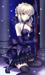 Rule 34 | 1girl, absurdres, artoria pendragon (all), artoria pendragon (fate), bad id, bad pixiv id, black gloves, black ribbon, black skirt, black thighhighs, breasts, cleavage, colored skin, elbow gloves, excalibur morgan (fate), fate/stay night, fate (series), gloves, hair ribbon, halterneck, high heels, highres, holding, holding sword, holding weapon, medium breasts, miniskirt, outdoors, pleated skirt, ribbon, saber alter, short hair with long locks, silver hair, skirt, sleeveless, snowing, solo, sword, thighhighs, weapon, white skin, yellow eyes, yinranluo, zettai ryouiki