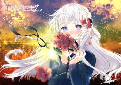 Rule 34 | 1girl, blue eyes, blue jacket, blush, bouquet, breasts, character name, commission, floating hair, flower, hair behind ear, hair flower, hair ornament, happy birthday, head tilt, holding, holding bouquet, inia sestina, jacket, looking at viewer, medium breasts, moo (umineko), muv-luv, muv-luv alternative, muv-luv total eclipse, red flower, silver hair, skeb commission, solo, sunset
