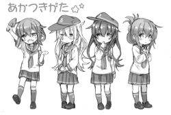 Rule 34 | &gt;:d, 10s, 4girls, :d, aged down, akatsuki (kancolle), bandaid, bandaid on knee, bandaid on leg, blush, fang, finger to mouth, folded ponytail, fumitan (humitan), greyscale, hair ornament, hairclip, hat, hibiki (kancolle), ikazuchi (kancolle), inazuma (kancolle), kantai collection, kneehighs, loafers, long hair, messy hair, monochrome, multiple girls, open mouth, personification, school uniform, serafuku, shoes, skirt, smile, socks, trowel, v-shaped eyebrows