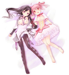 Rule 34 | 10s, 2girls, akemi homura, argyle, argyle clothes, argyle legwear, bad id, bad pixiv id, bare legs, barefoot, black hair, blush, bow, breasts, breasts out, female focus, hair bow, hairband, holding hands, kaname madoka, long hair, looking at viewer, lying, magical girl, mahou shoujo madoka magica, mahou shoujo madoka magica (anime), medium breasts, momoyama nozomu, mouth hold, multiple girls, nipples, no bra, on back, open clothes, open shirt, panties, panties under pantyhose, pantyhose, pink hair, purple eyes, ribbon, shirt, short hair, short twintails, small breasts, twintails, underwear, wrist ribbon