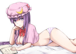 Rule 34 | 1girl, absurdres, bed sheet, blunt bangs, book, bow, bowtie, breasts, capelet, cleavage, crescent, crescent hair ornament, groin, hair ornament, hat, highres, leeshin0919, lying, medium breasts, on stomach, open book, panties, patchouli knowledge, pink capelet, pink eyes, pink hat, red bow, red bowtie, riding, simple background, sketch, solo, striped clothes, striped panties, touhou, underwear, white background