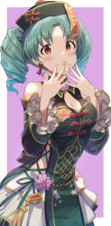 Rule 34 | 1girl, absurdres, alternate hairstyle, bare shoulders, blush, breasts, brown eyes, cleavage cutout, clothing cutout, dot nose, dress, drill hair, earrings, flower, frilled sleeves, frills, green hair, hands up, hat, highres, idolmaster, idolmaster million live!, jewelry, long sleeves, medium breasts, ofuda, open mouth, purple background, purple flower, shuucream (syuichi), skirt, solo, tassel, tokugawa matsuri, twin drills, white background, white skirt