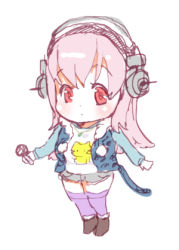 Rule 34 | 1girl, bad id, bad pixiv id, blush, breasts, cat tail, chibi, headphones, long hair, lowres, nitroplus, open mouth, pink hair, red eyes, solo, super sonico, tail, zimbabwefumi