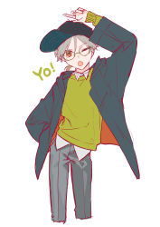 Rule 34 | 1boy, absurdres, baseball cap, black hat, black jacket, collared shirt, commentary request, cropped legs, feet out of frame, glasses, green sweater, grey hair, grey pants, hat, highres, jacket, long sleeves, looking at viewer, male focus, one eye closed, open mouth, orange eyes, original, pants, shirt, short hair, simple background, sleeves past wrists, solo, sweater, torino kawazu, white background