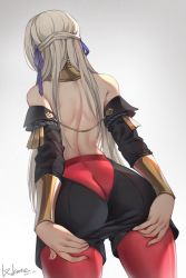 Rule 34 | 1girl, ass, back, bare back, bare shoulders, black shorts, blue ribbon, butt crack, edelgard von hresvelg, fire emblem, fire emblem: three houses, from behind, gradient background, hair ribbon, hand under clothes, hand under shorts, highres, leggings, leggings under shorts, long hair, lxkate, nail polish, nintendo, pantyhose, red pantyhose, ribbon, shorts, signature, simple background, solo, white hair