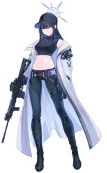 Rule 34 | 1girl, artist request, assault rifle, baseball cap, belt, belt buckle, blue archive, boots, breasts, buckle, full body, gloves, gun, hair between eyes, hand in pocket, hat, highres, holding, holding gun, holding weapon, holster, knife, long sleeves, looking at viewer, medium breasts, midriff, navel, official art, rifle, saori (blue archive), sheath, sheathed, smile, solo, standing, transparent background, weapon