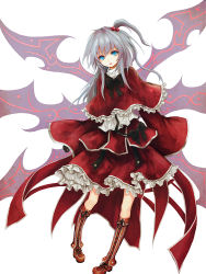 Rule 34 | 1girl, blue eyes, boots, capelet, cross-laced footwear, dress, female focus, frills, hair bobbles, hair ornament, lace-up boots, long hair, mystic square, open mouth, ribbon, shinki (touhou), shippu man, silver hair, simple background, sleeves past wrists, solo, touhou, touhou (pc-98), wings