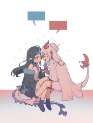 Rule 34 | 2girls, :d, absurdres, arknights, bare shoulders, black hair, black jacket, black socks, blank speech bubble, blush stickers, boots, breasts, collared dress, dragon girl, dragon horns, dragon tail, dress, dusk (arknights), eye contact, fang, flame-tipped tail, grey hair, highres, holding, horns, jacket, long hair, long sleeves, looking at another, medium breasts, multicolored hair, multiple girls, necktie, nian (arknights), open mouth, parted lips, pointy ears, ponytail, purple eyes, red eyes, red necktie, siblings, sifeizui, simple background, sisters, sleeveless, sleeveless dress, smile, socks, speech bubble, streaked hair, tail, very long hair, white background, white dress, white footwear, white jacket, wide sleeves