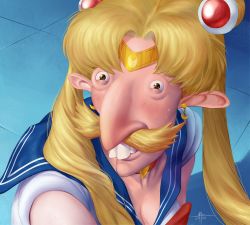 Rule 34 | 1boy, 2020, big nose, bishoujo senshi sailor moon, blonde hair, blue sailor collar, blush, breasts, choker, cleavage, cosplay, creepy, crescent, crescent earrings, derivative work, diadem, double bun, earrings, facial hair, hair over shoulder, jewelry, long hair, meme, miko punsalan, mustache, nigel thornberry, red choker, sailor collar, sailor moon, sailor moon (cosplay), sailor moon redraw challenge (meme), signature, solo, teeth, the wild thornberrys, twintails, upper body, what
