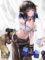 Rule 34 | 1girl, arknights, arm strap, barbell, black gloves, black hair, black pants, blue eyes, blush, bottle, breasts, closed mouth, cowboy shot, crop top, ear piercing, eunectes (arknights), eunectes (forgemaster) (arknights), gloves, grey background, grey shirt, grey tank top, highres, holding, holding with tail, id card, looking at viewer, medium breasts, navel, official alternate costume, pants, piercing, pointy ears, prehensile tail, sankichi (croquette crab), shirt, short hair, snake tail, solo, stomach, sweat, sweatdrop, tail, tail strap, tank top, torn clothes, torn shirt, wiping face, wiping sweat