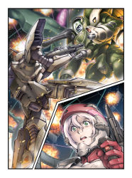 Rule 34 | 1boy, 1girl, alien, armor, battle, chest cannon, cockpit, control stick, debris, dutch angle, energy beam, energy cannon, energy gun, explosion, giant, green eyes, gunpod, helmet, maclone, macross, mecha, mexican standoff, multicolored hair, nousjadeul-ger, pilot, pilot suit, pink hair, power armor, ray gun, robot, roundel, s.m.s., scared, science fiction, shoulder cannon, space, spacecraft, surprised, sweat, turret, variable fighter, vf-19, weapon, white hair, zentradi