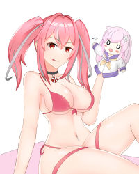 Rule 34 | 0 0, 1girl, :d, :p, absurdres, arm support, azur lane, bare shoulders, bikini, black choker, blush, blush stickers, breasts, bremerton (azur lane), choker, cleavage, collarbone, commentary, commission, ear piercing, hair between eyes, hair intakes, hand puppet, hand up, highres, knee up, large breasts, lifebuoy ornament, long hair, looking at viewer, midriff, motion lines, multicolored hair, navel, navel piercing, nepgear, neptune (series), no mole, open mouth, piercing, pink bikini, pink eyes, pink hair, puppet, rzv, shiny skin, side-tie bikini bottom, sidelocks, simple background, sitting, skindentation, smile, solo, streaked hair, swimsuit, thigh strap, tongue, tongue out, twintails, white background