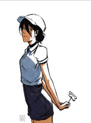 Rule 34 | 1girl, baseball cap, black hair, chainsaw man, choker, closed mouth, eyebrows, flower, green eyes, hair between eyes, hair bun, hat, holding, holding flower, looking to the side, pale skin, reze (chainsaw man), shirt, shirt tucked in, short sleeves, shorts, simple background, sioboi, solo, white background, white hat, white shirt