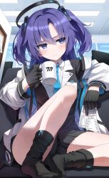 Rule 34 | 1girl, black gloves, black skirt, black socks, blue archive, blue necktie, blush, closed mouth, collared shirt, commentary, cup, gloves, highres, holding, holding cup, holding paper, indoors, jacket, knee up, legs, long hair, long sleeves, miniskirt, necktie, no shoes, open clothes, open jacket, paper, parted bangs, pleated skirt, purple eyes, purple hair, shirt, sidelocks, sitting, skirt, socks, solo, superpig, two-sided fabric, two-sided jacket, two side up, white jacket, white shirt, yuuka (blue archive)