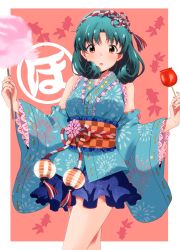Rule 34 | 1girl, :o, aqua hair, aqua kimono, bare shoulders, blue skirt, blush, border, brown eyes, candy apple, commentary request, cotton candy, cowboy shot, crossed legs, curly hair, detached sleeves, fingernails, floral print, flower, food, frilled kimono, frilled skirt, frills, hairband, hands up, highres, holding, holding food, idolmaster, idolmaster million live!, japanese clothes, kimono, kouhaku nawa, light blush, long sleeves, looking at viewer, medium hair, miniskirt, obi, orange background, outside border, parted bangs, parted lips, patterned background, pink flower, ponpon, print kimono, ribbon, ribbon-trimmed sleeves, ribbon trim, rope, sash, shimenawa, short kimono, short yukata, skirt, sleeveless, sleeveless kimono, solo, standing, tassel, tokugawa matsuri, two-tone hairband, white border, wide sleeves, yellow ribbon, yukata