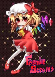 Rule 34 | 1girl, arms behind back, ascot, blonde hair, blush, bow, character name, chibi, female focus, flandre scarlet, hat, highres, jiro-min, mary janes, red eyes, shoes, skirt, smile, star (symbol), starry background, thighhighs, touhou, typo, wings, zettai ryouiki