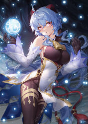 Rule 34 | 1girl, ahoge, bare shoulders, black gloves, blue hair, bodystocking, breasts, commentary request, cowboy shot, detached sleeves, ganyu (genshin impact), genshin impact, gloves, hair between eyes, hands up, high-waist skirt, highres, horns, large breasts, linreplica, long hair, long sleeves, looking at viewer, parted lips, purple eyes, skirt, solo, thighs, very long hair, white skirt