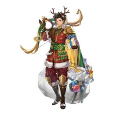 Rule 34 | 1boy, absurdres, animal costume, animal ears, antlers, bow (weapon), braid, brown hair, cape, claude von riegan, claude von riegan(yuletide schemer), dark-skinned male, dark skin, deer ears, earrings, fire emblem, fire emblem: three houses, fire emblem heroes, gift, gold cape, green cape, green eyes, highres, holding, holding bow (weapon), holding gift, holding weapon, horns, jewelry, looking at viewer, multicolored cape, multicolored clothes, nijihayashi, nintendo, official alternate costume, official art, reindeer antlers, reindeer costume, sack, single braid, smile, solo, weapon