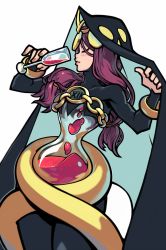 Rule 34 | 1girl, aeon (skullgirls), alcohol, blush, bracelet, cape, cup, drinking, drinking glass, drunk, closed eyes, headpiece, highres, hood, hourglass, jewelry, long hair, pink hair, shrug (clothing), skullgirls, smile, solo, tiara, white background, wine, wine glass