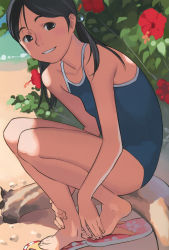 Rule 34 | 1girl, bare legs, bare shoulders, barefoot, beach, black eyes, black hair, casual one-piece swimsuit, feet, flip-flops, hair bobbles, hair ornament, hands on feet, highres, looking at viewer, one-piece swimsuit, original, sandals, school swimsuit, sitting, smile, solo, swimsuit, takamichi, toes, twintails