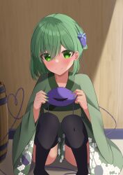 Rule 34 | 1girl, absurdres, alternate costume, black thighhighs, blue flower, blurry, blurry background, blush, closed mouth, commentary request, eyes visible through hair, feet out of frame, fingernails, floral print, flower, green eyes, green hair, green kimono, green nails, hair between eyes, hair flower, hair ornament, heart, heart of string, highres, holding eyeball, indoors, japanese clothes, kanzashi, kimono, kirisame oreo, komeiji koishi, long fingernails, long sleeves, looking at viewer, medium hair, nail polish, no headwear, sidelighting, smile, solo, split mouth, squatting, thighhighs, thighs, third eye, touhou, wide sleeves