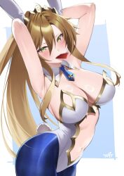 Rule 34 | 1girl, absurdres, animal ears, arms behind head, artoria pendragon (all), artoria pendragon (fate), artoria pendragon (swimsuit ruler) (fate), bare shoulders, blonde hair, blue background, blue necktie, blue pantyhose, breasts, card, card in mouth, cleavage, clothing cutout, detached collar, fake tail, fate/grand order, fate (series), green eyes, hair between eyes, highleg, highleg leotard, highres, kurozawa yui, large breasts, leotard, long hair, looking at viewer, mouth hold, navel, necktie, pantyhose, playboy bunny, playing card, rabbit ears, rabbit tail, short necktie, sidelocks, solo, stomach cutout, tail, tiara, two-tone background, white background, white leotard