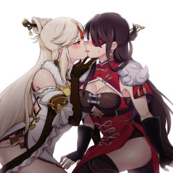 Rule 34 | 2girls, beidou (genshin impact), black gloves, black legwear, blush, breasts, brown hair, cleavage, cleavage cutout, clothing cutout, detached sleeves, eye contact, eyepatch, fingerless gloves, genshin impact, gloves, hair ornament, hair stick, kiss, long hair, looking at another, multiple girls, negom, ningguang (genshin impact), red eyes, simple background, thighhighs, tongue, tongue out, white background, white hair, yuri