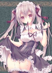 Rule 34 | 1girl, apron, breasts, cleavage, clothes lift, garter straps, groin, hair ribbon, lifted by self, long hair, maid, maid apron, maid headdress, mouth hold, original, purple eyes, red ribbon, ribbon, silver hair, skirt, skirt lift, solo, sorai shin&#039;ya, thighhighs, twintails