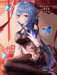 Rule 34 | 1girl, ahoge, ankle ribbon, bad id, bad pixiv id, bare shoulders, bell, black gloves, blue hair, blush, breasts, brown legwear, bug, butterfly, closed mouth, colored eyelashes, cowbell, detached sleeves, flower knot, frown, ganyu (genshin impact), genshin impact, gloves, glowing butterfly, highres, horns, insect, leg ribbon, long hair, long sleeves, looking at viewer, medium breasts, minttchocok, purple eyes, red ribbon, ribbon, sitting, solo, thighlet, v, very long hair, white footwear, yokozuwari