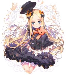 Rule 34 | 1girl, abigail williams (fate), black bow, black dress, black hat, blonde hair, bloomers, blue eyes, blush, bow, bug, butterfly, dress, fate/grand order, fate (series), frilled dress, frilled sleeves, frills, hair bow, hat, holding, holding stuffed toy, holding toy, hong (white spider), insect, long hair, long sleeves, looking at viewer, no headwear, orange bow, parted bangs, polka dot, polka dot bow, sleeves past fingers, sleeves past wrists, stuffed animal, stuffed toy, teddy bear, toy, underwear, white bloomers