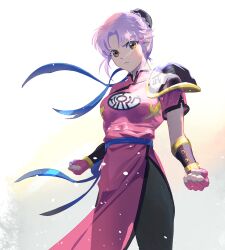 Rule 34 | 1girl, armor, black pantyhose, blue sash, breasts, brown eyes, bun cover, china dress, chinese clothes, closed mouth, cofffee, dragon quest, dragon quest dai no daibouken, dress, fingerless gloves, gloves, looking at viewer, maam, medium breasts, pantyhose, pink hair, sash, short hair, shoulder armor, simple background, solo, standing, white background