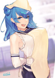 Rule 34 | 1girl, apron, blue eyes, blue hair, blue sailor collar, blue skirt, blurry, blurry background, breasts, double bun, elbow gloves, fuwafuwatoufu, gloves, hair bun, hat, head scarf, highres, indoors, kantai collection, kitchen, large breasts, looking at viewer, neckerchief, open mouth, pleated skirt, sailor collar, sailor hat, school uniform, serafuku, skirt, sleeves rolled up, smile, solo, twitter username, urakaze (kancolle), yellow neckerchief