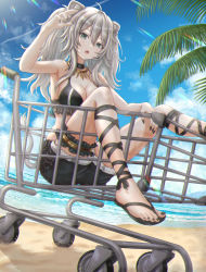 Rule 34 | 1girl, absurdres, ahoge, animal ears, arm up, armpits, beach, bikini, bikini top only, black bikini, black nails, blue sky, breasts, choker, cleavage, cloud, cloudy sky, commentary request, fangs, feet, foot out of frame, frilled bikini, frills, fur-trimmed shorts, fur trim, grey eyes, hair between eyes, hand up, highres, hololive, jewelry, knees up, large breasts, leg ribbon, legs, lens flare, lion ears, lion girl, lion tail, long hair, looking at viewer, messy hair, nail polish, necklace, open mouth, palm tree, resolution mismatch, ribbon, sandals, shishiro botan, shopping cart, shorts, sidelocks, silver hair, sitting, sky, solo, source larger, swimsuit, tail, thigh strap, thighs, toenail polish, toenails, toes, tree, two side up, virtual youtuber, wajuniorbox