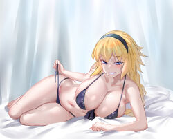 1girl absurdres bikini bikini_pull black_bikini blonde_hair blue_eyes blush braid breasts cleavage clothes_pull das_(dan_dan) fate/grand_order fate_(series) headband highres jeanne_d&#039;arc_(fate) jeanne_d&#039;arc_(swimsuit_archer)_(fate) jeanne_d&#039;arc_(swimsuit_archer)_(first_ascension)_(fate) large_breasts long_hair looking_at_viewer lying navel on_bed on_side smile solo swimsuit