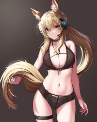 Rule 34 | 1girl, absurdres, animal ear fluff, animal ears, arknights, bare arms, bare shoulders, black panties, blonde hair, breasts, brown background, chun bae, cleavage, closed mouth, collarbone, eyebrows hidden by hair, headset, highres, holding tail, horse ears, horse girl, large breasts, long hair, looking at viewer, navel, nearl (arknights), orange eyes, panties, simple background, solo, tail, thigh strap, underwear, underwear only, v-shaped eyebrows, very long hair