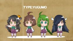 Rule 34 | :&lt;, :d, ahoge, black hair, blush, bow, braid, brown background, brown eyes, brown hair, character name, chibi, closed mouth, commentary request, dress, fang, green background, green bow, green eyes, green hair, gurageida, hair over one eye, hair ribbon, hayashimo (kancolle), highres, kantai collection, kishinami (kancolle), long hair, long sleeves, looking at viewer, mole, multicolored hair, naganami (kancolle), no shoes, one side up, open mouth, orange ribbon, outstretched arm, own hands together, pantyhose, pleated dress, purple dress, purple legwear, ribbon, shadow, shirt, single braid, sleeveless, sleeveless dress, sleeves past wrists, smile, standing, streaked hair, twitter username, v-shaped eyebrows, very long hair, white ribbon, white shirt, yuugumo (kancolle)