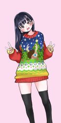 Rule 34 | 1girl, black hair, boku no kokoro no yabai yatsu, brown eyes, christmas, christmas sweater, double v, feet out of frame, food, food on face, head tilt, highres, long hair, naked sweater, open mouth, oversized clothes, pink background, popcorn, sakurai norio, sleeves past wrists, smile, solo, sweater, tagme, thighhighs, v, yamada anna