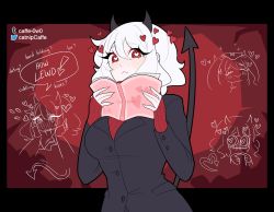 Rule 34 | 1girl, :&lt;, black horns, black tail, blazer, blush, book, breasts, caffe0w0, demon girl, demon horns, demon tail, heart, heart-shaped pupils, helltaker, highres, holding, holding book, holding hands is lewd, horns, jacket, large breasts, modeus (helltaker), red background, red eyes, red sweater, ribbed sweater, short hair, smile, speech bubble, sweater, symbol-shaped pupils, tail, tumblr username, twitter username, white hair