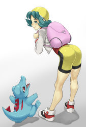 Rule 34 | 1girl, absurdres, aqua eyes, aqua hair, arms up, backpack, bag, bent over, bike shorts, blush, closed mouth, creatures (company), female focus, from behind, full body, game freak, gen 2 pokemon, gradient background, hand up, happy, hat, highres, jacket, kneepits, kris (pokemon), long sleeves, looking at another, looking at viewer, looking back, looking up, matching hair/eyes, nintendo, nose blush, open mouth, pokemon, pokemon (creature), pokemon gsc, red eyes, red footwear, red shirt, sharp teeth, shiny clothes, shiny skin, shirt, shoes, simple background, smile, standing, teeth, totodile, turiganesou800, twintails, white background, white jacket, yellow headwear