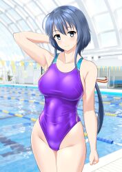 Rule 34 | 1girl, absurdres, ahoge, arm behind head, blue hair, breasts, collarbone, commentary request, competition swimsuit, covered navel, cowboy shot, green eyes, highleg, highleg swimsuit, highres, indoors, large breasts, long hair, low ponytail, one-piece swimsuit, pool, poolside, purple one-piece swimsuit, setouchi chie, solo, standing, string of flags, swimsuit, takafumi, toji no miko, two-tone swimsuit, variant set