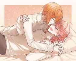 Rule 34 | 2boys, absurdres, blush, brown pants, closed eyes, closed mouth, earrings, highres, jewelry, long sleeves, lying, male focus, miyama kei, multiple boys, multiple earrings, on back, open mouth, orange hair, pants, paradox live, pillow, pink hair, rokuta (paradox live), short hair, sis 0001, smile, sweater, turtleneck, white sweater