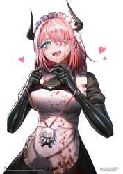 Rule 34 | 1girl, :d, apron, black dress, blood, blood on clothes, blood on face, blue eyes, blue hair, breasts, character doll, collared dress, commentary request, copyright request, dress, ear piercing, elbow gloves, fangs, frilled apron, frills, gloves, hair ornament, hair over one eye, hairclip, hands up, heart, heart hands, highres, horns, large breasts, maid, maid apron, maid headdress, multicolored hair, open mouth, piercing, pink hair, puffy short sleeves, puffy sleeves, short sleeves, simple background, smile, solo, streaked hair, tongue piercing, white apron, white background, yurichtofen